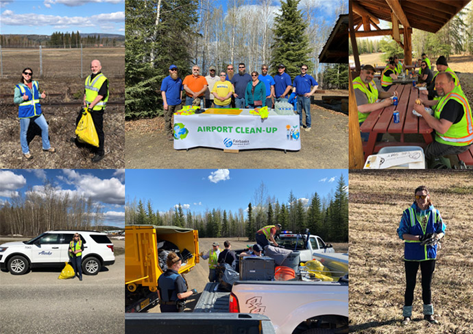 Collage of photos from Airport Clean-Up Day, May 2022