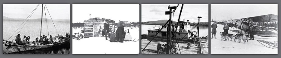 4 black and white photos representing historical methods of transportation in the YK Delta